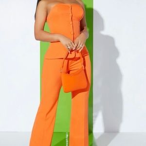 Button up front tube top and flare pants
